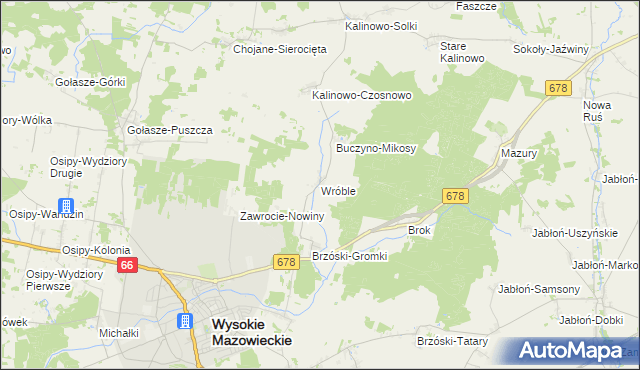 mapa Wróble gmina Wysokie Mazowieckie, Wróble gmina Wysokie Mazowieckie na mapie Targeo