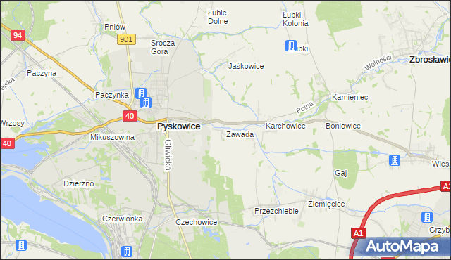 mapa Zawada gmina Zbrosławice, Zawada gmina Zbrosławice na mapie Targeo