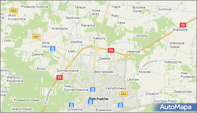 mapa Zawady gmina Bełchatów, Zawady gmina Bełchatów na mapie Targeo