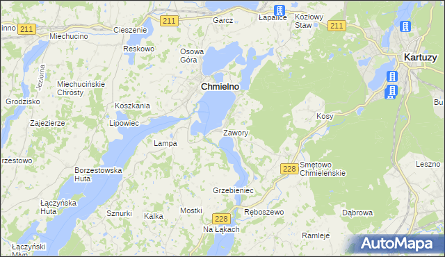 mapa Zawory gmina Chmielno, Zawory gmina Chmielno na mapie Targeo