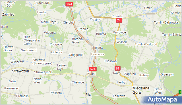 mapa Porzecze gmina Miedziana Góra, Porzecze gmina Miedziana Góra na mapie Targeo