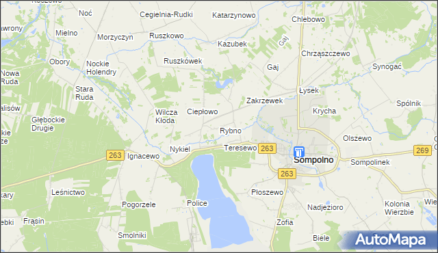 mapa Rybno gmina Wierzbinek, Rybno gmina Wierzbinek na mapie Targeo