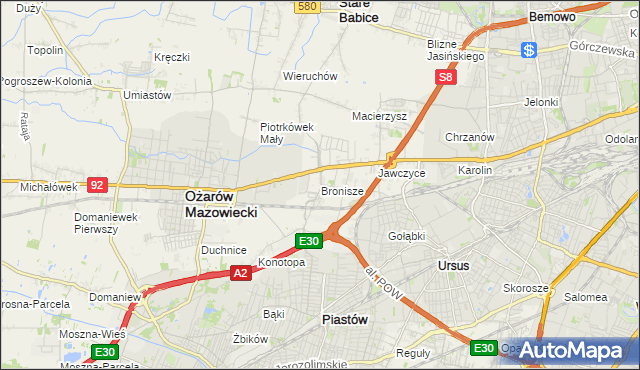 mapa Bronisze gmina Ożarów Mazowiecki, Bronisze gmina Ożarów Mazowiecki na mapie Targeo