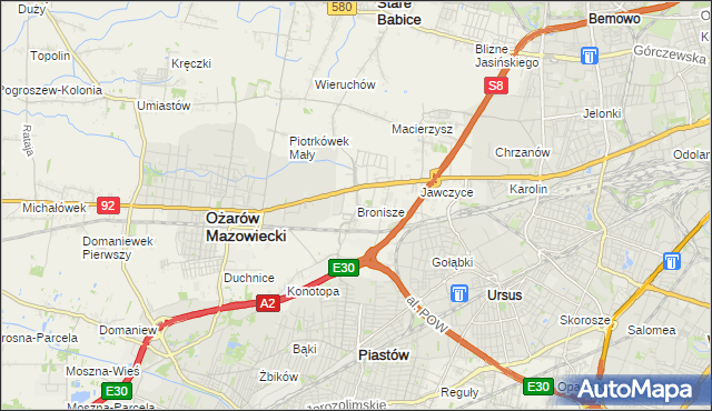 mapa Bronisze gmina Ożarów Mazowiecki, Bronisze gmina Ożarów Mazowiecki na mapie Targeo