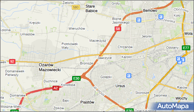 mapa Jawczyce gmina Ożarów Mazowiecki, Jawczyce gmina Ożarów Mazowiecki na mapie Targeo