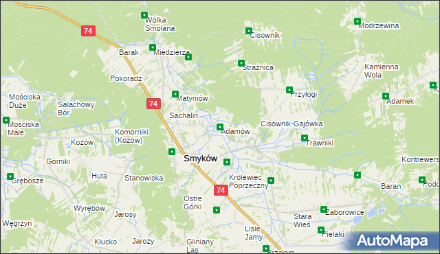 mapa Adamów gmina Smyków, Adamów gmina Smyków na mapie Targeo