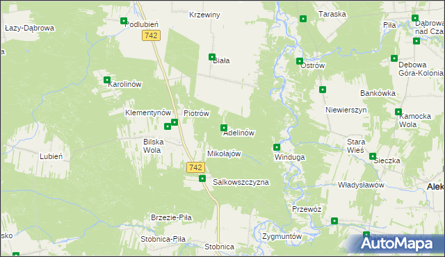 mapa Adelinów gmina Sulejów, Adelinów gmina Sulejów na mapie Targeo