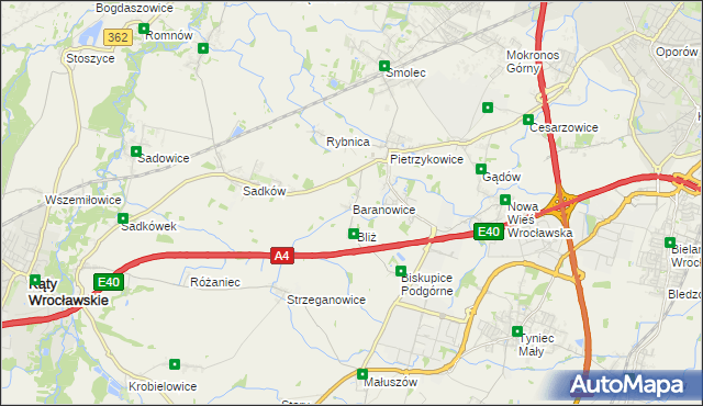 mapa Baranowice gmina Kąty Wrocławskie, Baranowice gmina Kąty Wrocławskie na mapie Targeo