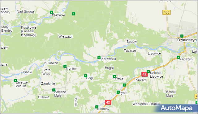 mapa Bobrowniki gmina Działoszyn, Bobrowniki gmina Działoszyn na mapie Targeo