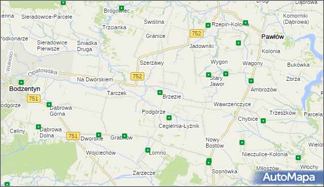 mapa Brzezie gmina Pawłów, Brzezie gmina Pawłów na mapie Targeo