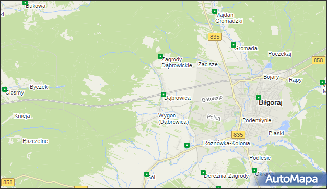 mapa Dąbrowica gmina Biłgoraj, Dąbrowica gmina Biłgoraj na mapie Targeo