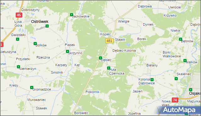 mapa Dębiec gmina Ostrówek, Dębiec gmina Ostrówek na mapie Targeo