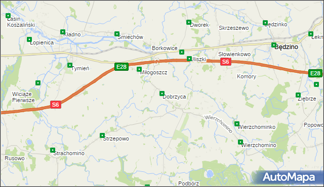 mapa Dobrzyca gmina Będzino, Dobrzyca gmina Będzino na mapie Targeo
