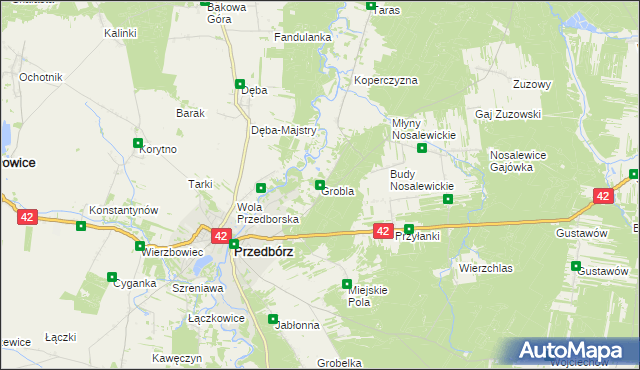 mapa Grobla gmina Przedbórz, Grobla gmina Przedbórz na mapie Targeo