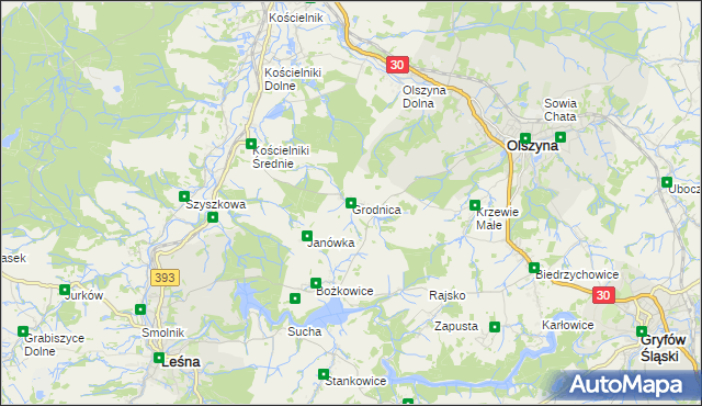 mapa Grodnica gmina Olszyna, Grodnica gmina Olszyna na mapie Targeo