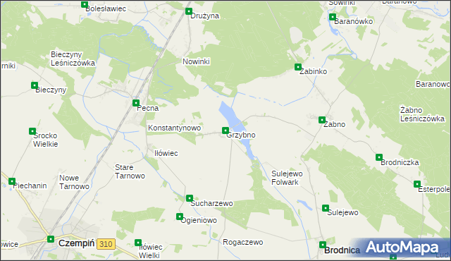 mapa Grzybno gmina Brodnica, Grzybno gmina Brodnica na mapie Targeo