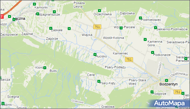 mapa Hucisko gmina Bodzentyn, Hucisko gmina Bodzentyn na mapie Targeo