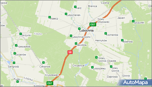 mapa Jakubów gmina Lubochnia, Jakubów gmina Lubochnia na mapie Targeo