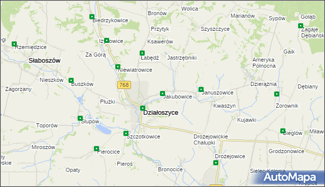 mapa Jakubowice gmina Działoszyce, Jakubowice gmina Działoszyce na mapie Targeo