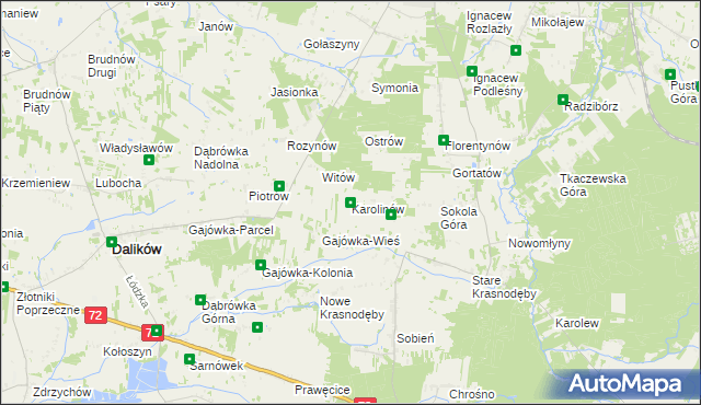 mapa Karolinów gmina Dalików, Karolinów gmina Dalików na mapie Targeo
