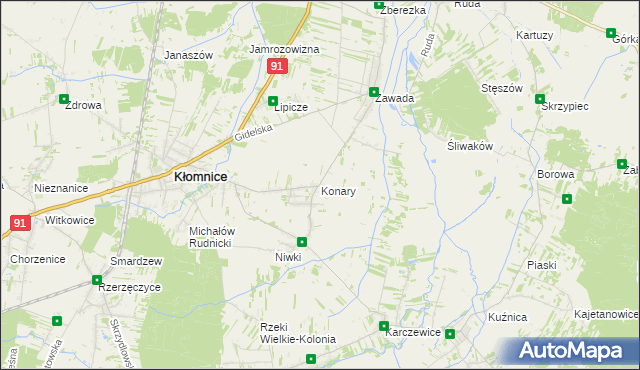 mapa Konary gmina Kłomnice, Konary gmina Kłomnice na mapie Targeo