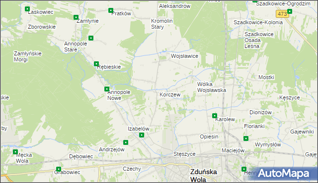 mapa Korczew gmina Zduńska Wola, Korczew gmina Zduńska Wola na mapie Targeo