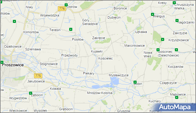 mapa Kościelec gmina Proszowice, Kościelec gmina Proszowice na mapie Targeo