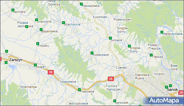 mapa Kostarowce, Kostarowce na mapie Targeo