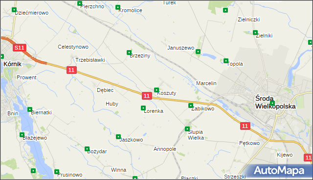 mapa Koszuty gmina Środa Wielkopolska, Koszuty gmina Środa Wielkopolska na mapie Targeo