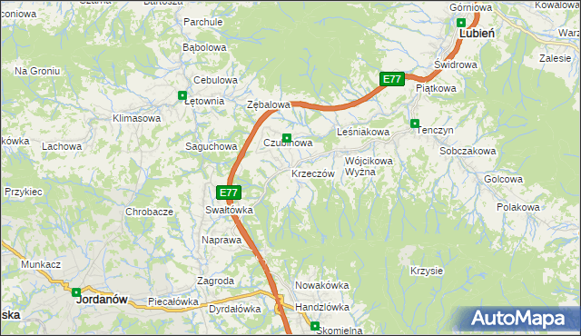 mapa Krzeczów gmina Lubień, Krzeczów gmina Lubień na mapie Targeo