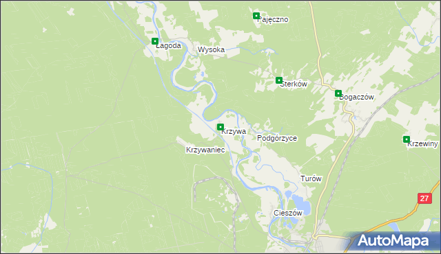 mapa Krzywa gmina Nowogród Bobrzański, Krzywa gmina Nowogród Bobrzański na mapie Targeo