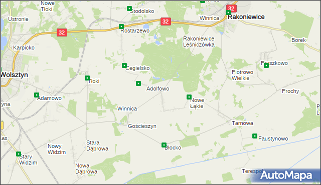 mapa Łąkie gmina Rakoniewice, Łąkie gmina Rakoniewice na mapie Targeo