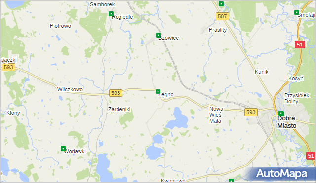 mapa Łęgno gmina Dobre Miasto, Łęgno gmina Dobre Miasto na mapie Targeo