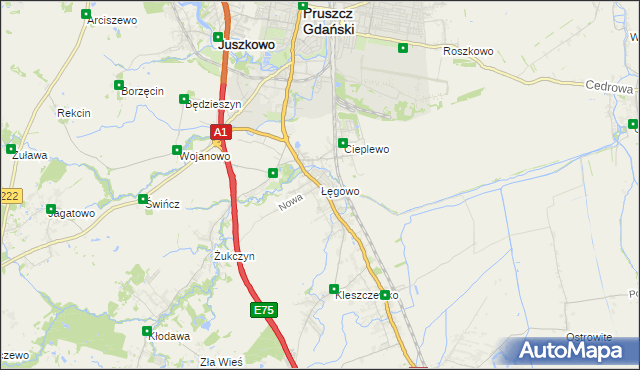 mapa Łęgowo gmina Pruszcz Gdański, Łęgowo gmina Pruszcz Gdański na mapie Targeo