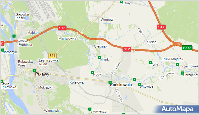 mapa Młynki gmina Końskowola, Młynki gmina Końskowola na mapie Targeo