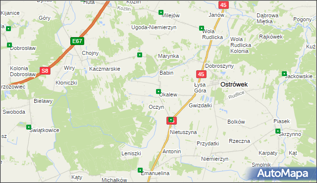 mapa Okalew gmina Ostrówek, Okalew gmina Ostrówek na mapie Targeo