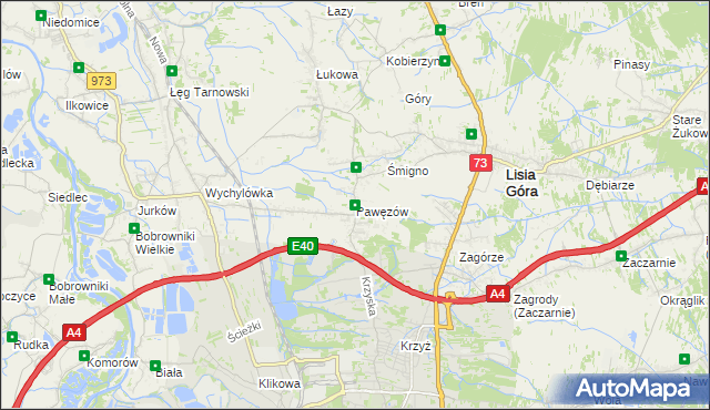 mapa Pawęzów gmina Lisia Góra, Pawęzów gmina Lisia Góra na mapie Targeo