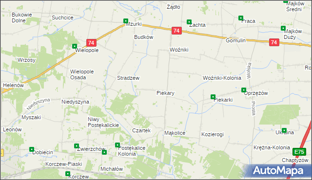 mapa Piekary gmina Wola Krzysztoporska, Piekary gmina Wola Krzysztoporska na mapie Targeo