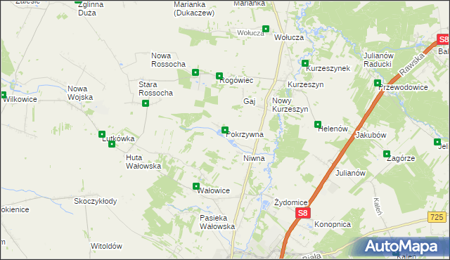 mapa Pokrzywna gmina Rawa Mazowiecka, Pokrzywna gmina Rawa Mazowiecka na mapie Targeo