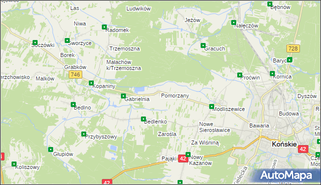 mapa Pomorzany gmina Końskie, Pomorzany gmina Końskie na mapie Targeo