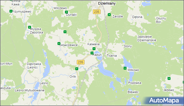 mapa Raduń gmina Dziemiany, Raduń gmina Dziemiany na mapie Targeo