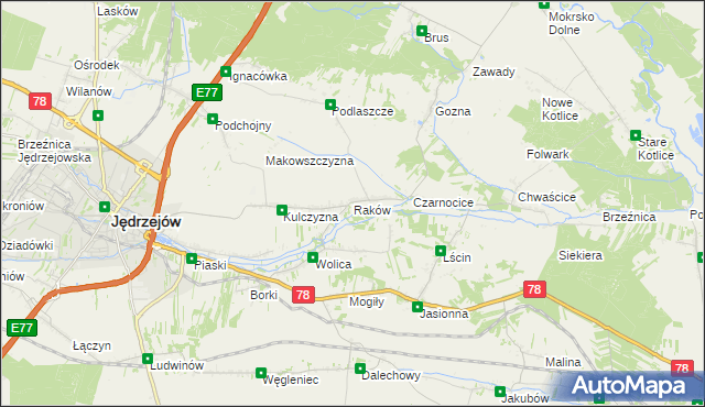 mapa Raków gmina Jędrzejów, Raków gmina Jędrzejów na mapie Targeo