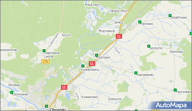 mapa Rożnowo gmina Oborniki, Rożnowo gmina Oborniki na mapie Targeo