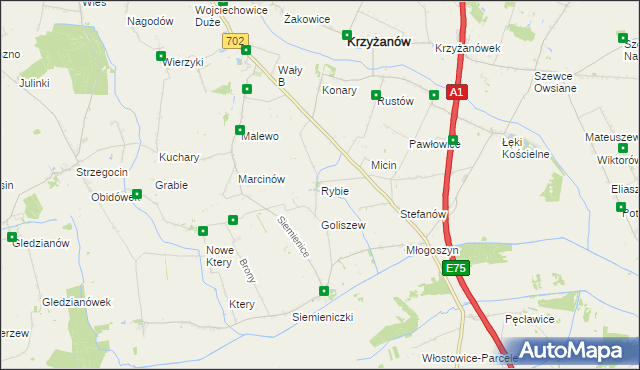 mapa Rybie gmina Krzyżanów, Rybie gmina Krzyżanów na mapie Targeo