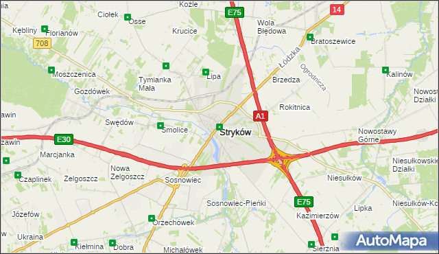 mapa Stryków powiat zgierski, Stryków powiat zgierski na mapie Targeo