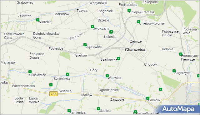 mapa Szarkówka gmina Charsznica, Szarkówka gmina Charsznica na mapie Targeo