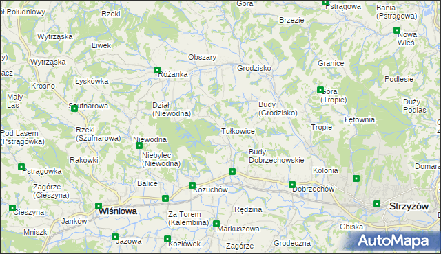 mapa Tułkowice gmina Wiśniowa, Tułkowice gmina Wiśniowa na mapie Targeo
