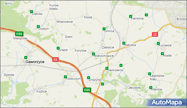 mapa Wierzchowice gmina Gaworzyce, Wierzchowice gmina Gaworzyce na mapie Targeo
