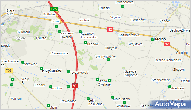 mapa Władysławów gmina Krzyżanów, Władysławów gmina Krzyżanów na mapie Targeo