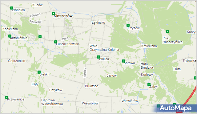 mapa Wolica gmina Kleszczów, Wolica gmina Kleszczów na mapie Targeo